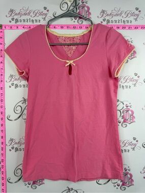 Jr T-shirt yellow lace bow y2k  Pink Short-Sleeve Knit Top with Lace Trim